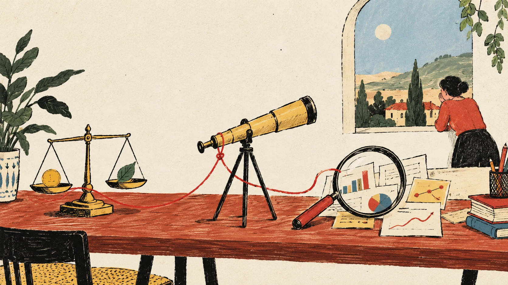 A hand-drawn editorial scene with a balance scale, telescope and magnifying glass on a desk, suggesting that measurement needs both perspective and investigation.