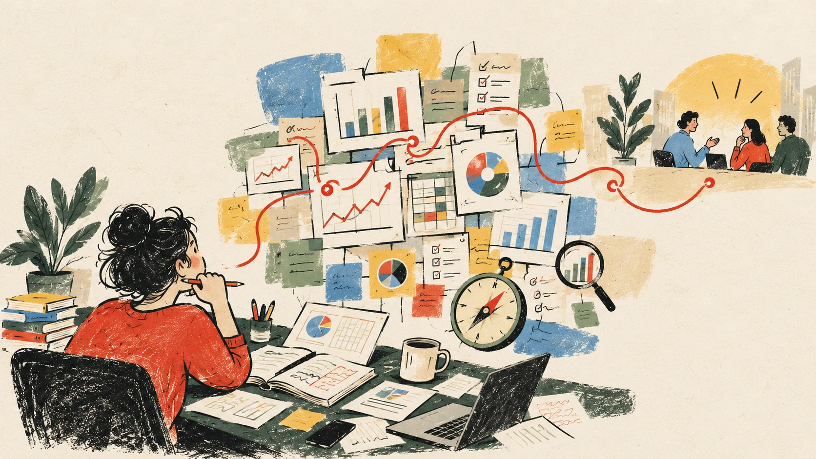 A hand-drawn editorial illustration of a marketer sorting through charts, notes and competing signals.